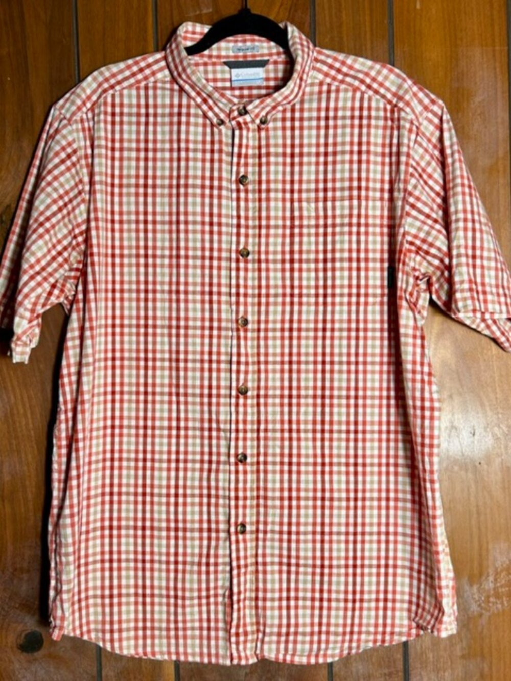Columbia Men's Size LT Red Tan Plaid Regular Fit Cotton Blend Button-Up S/S